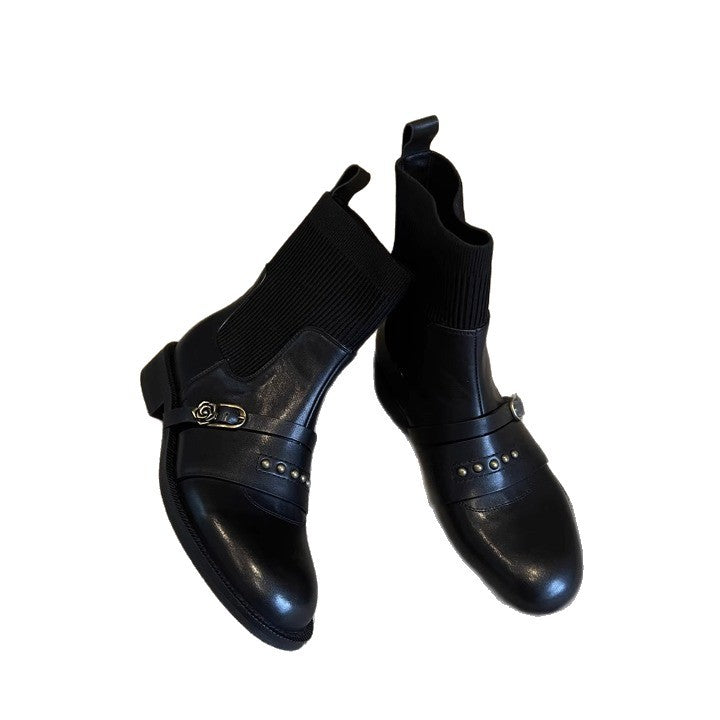 Rivet Belt Buckle Stretch Skinny Black Sock Ankle Boots