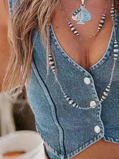 Buttoned V-Neck Denim Top for Stylish Casual Outfits