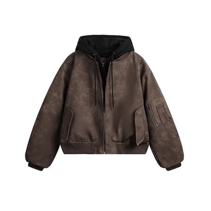 Mens Faux Two-piece Leather Jacket Cotton-padded Flight Jacket