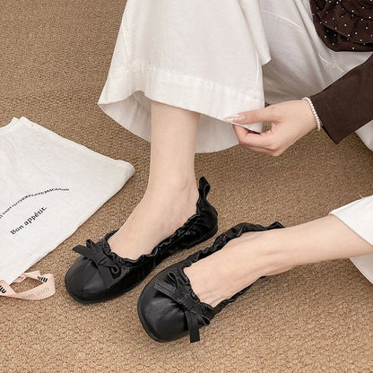 Vintage Bow Round Toe Low-cut Women Flat Shoes, Versatile Ballet Flats