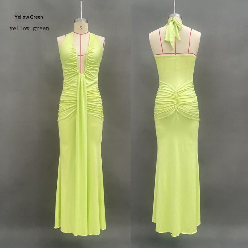 Solid Color Elegant Halter Deep V Waist-slimming Long Dress