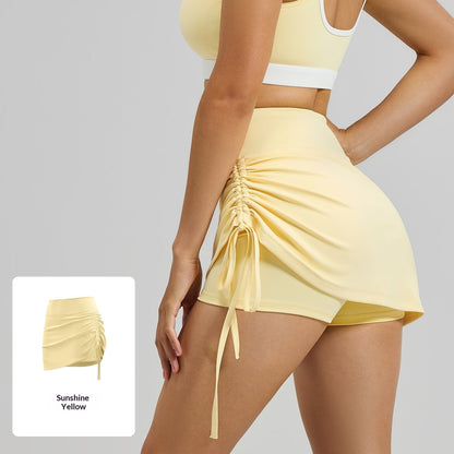Womens Solid-color High-waisted Ruched Sports Skirt