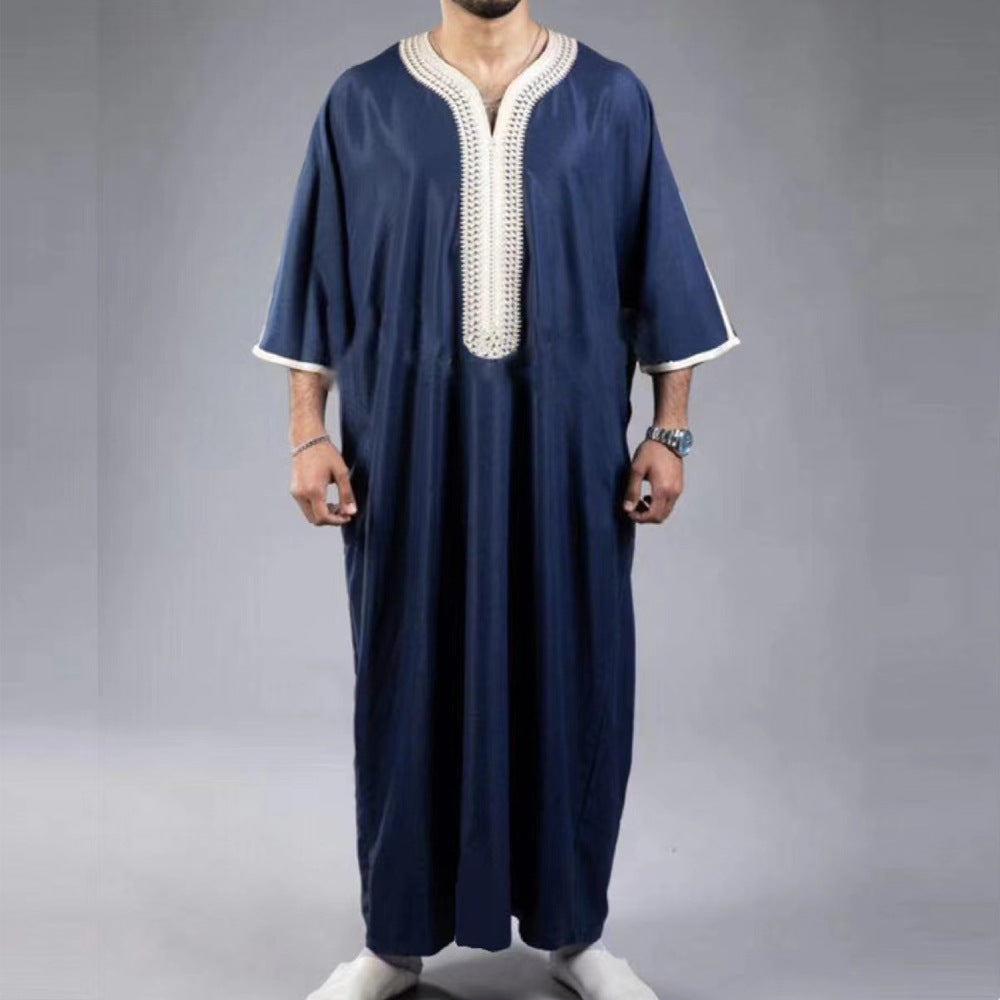 Arabic Robe Mid Short Sleeve Embroidered Navy Blue