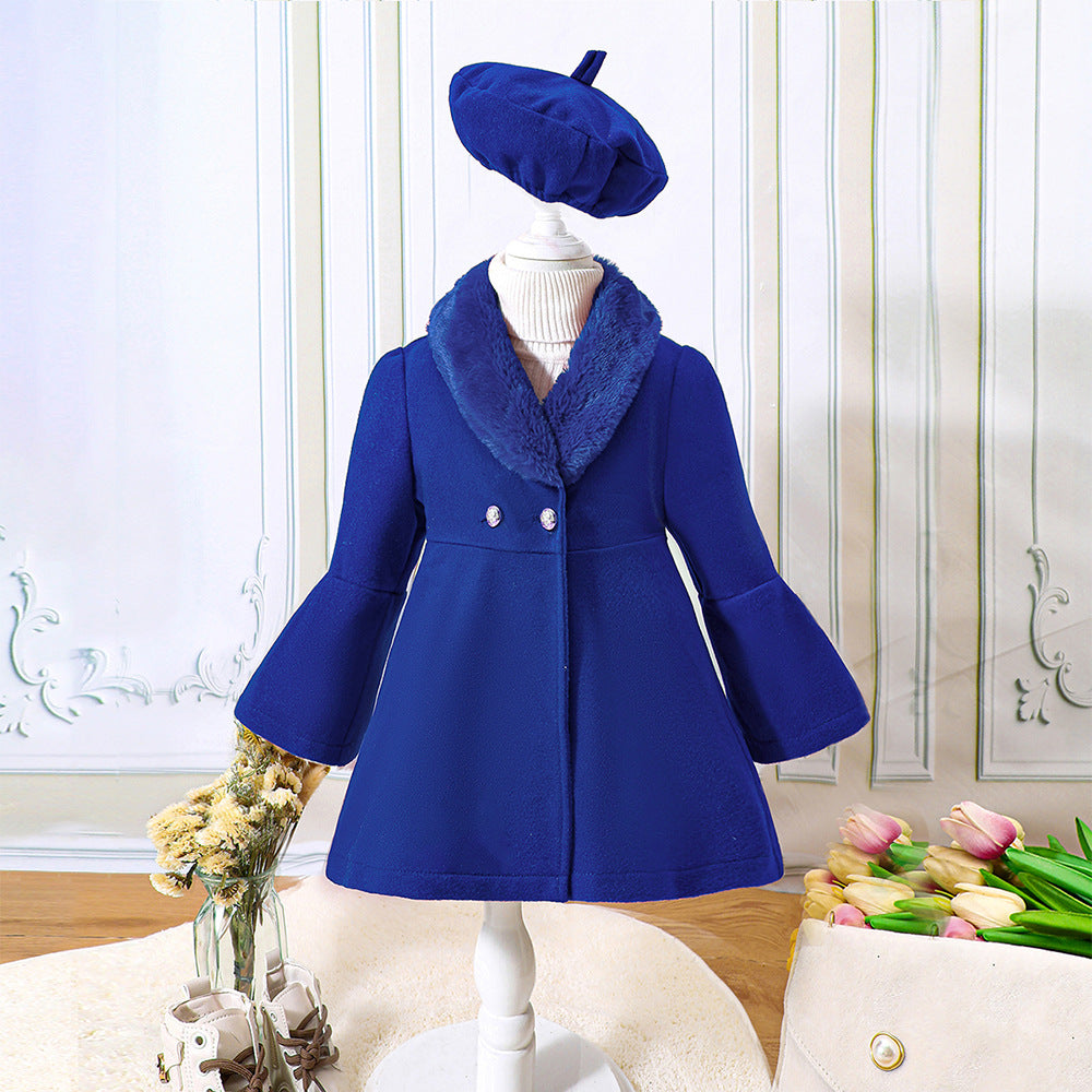 Children's Clothing Young And Little Girls Winter Solid Color Stitching Fur Collar Woolen Coat Outerwear