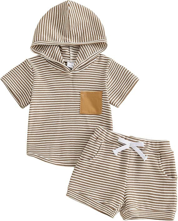 Baby Boy Striped Waffle-Weave Hooded Set