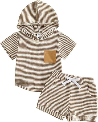 Baby Boy Striped Waffle-Weave Hooded Set