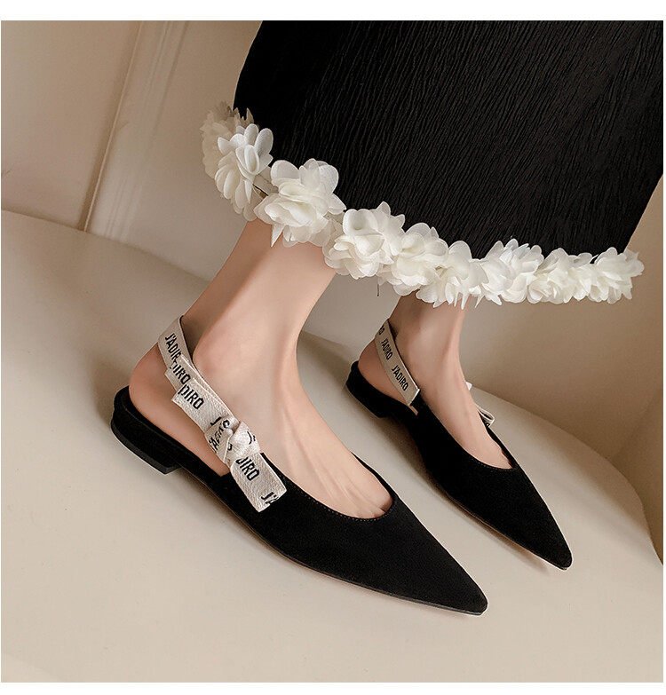 Women Genuine Leather Closed Toe Backless Flat Sandals, Pointed Toe Bow Style Pumps New Summer