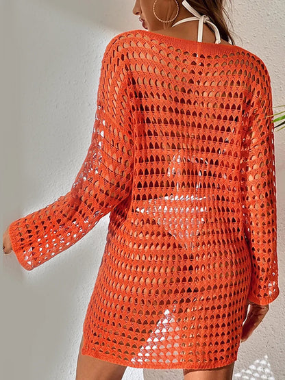 Knitted hollowed out pullover round neck long sleeved bikini swimsuit cover