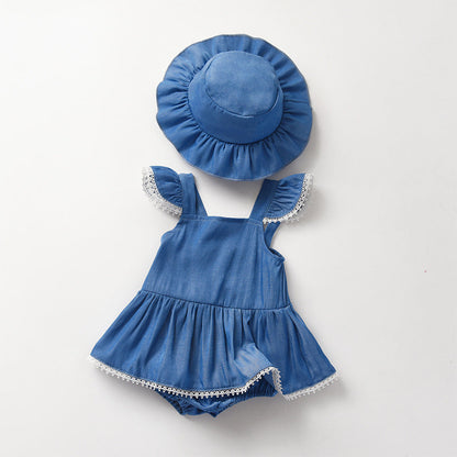 Denim Romper With Hat Sleeveless For Baby Girls