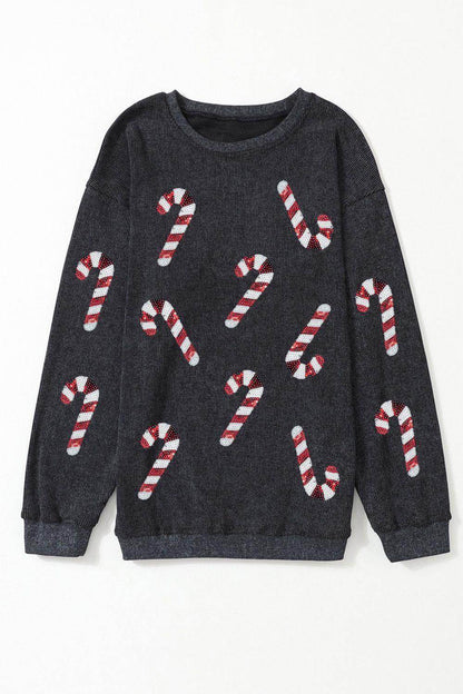Sequin Candy Cane Round Neck Sweatshirt for Women