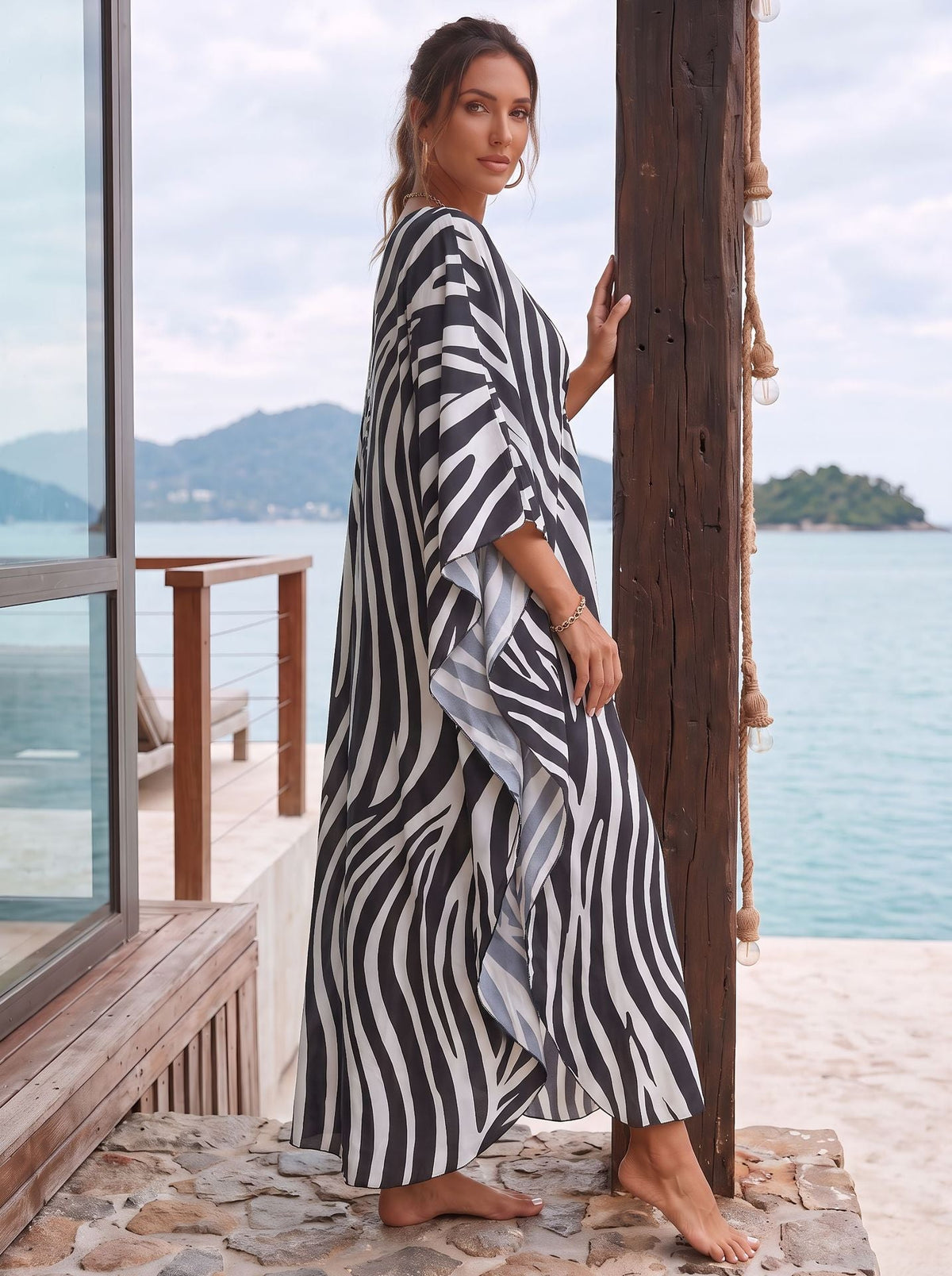 Zebra Printing Beach Cover-ups V-Neck Batwing Sleeves Summer Caftan Dress