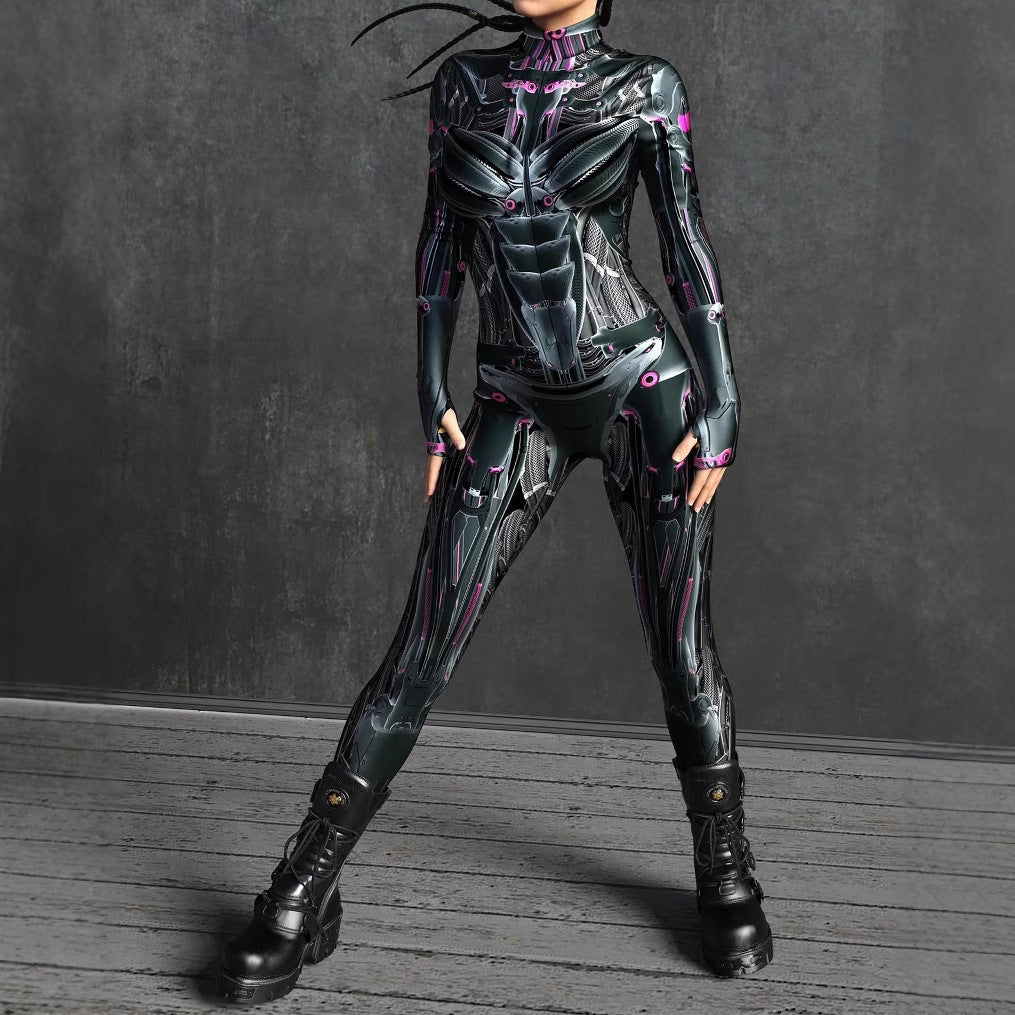 3D Digital-printed Snap-closure Form-fitting Womens Bodysuit