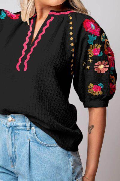 Floral Embroidered Notched Puff Sleeve Blouse for Women