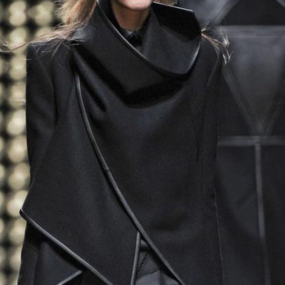 Lapel Woven Asymmetric Split Turtleneck Wool Overcoat