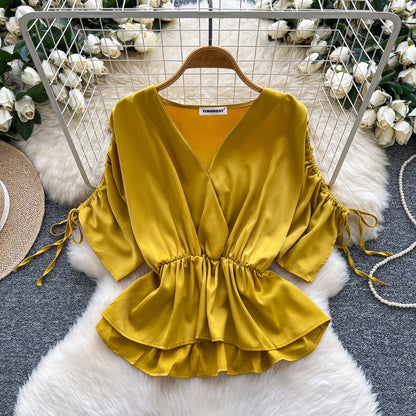 Women's Versatile Drawstring Short-sleeve Waist-cinching Satin Blouse