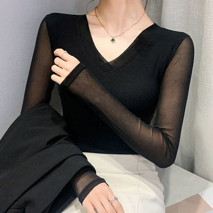 Slimming V-neck Solid-color Mesh Base Top