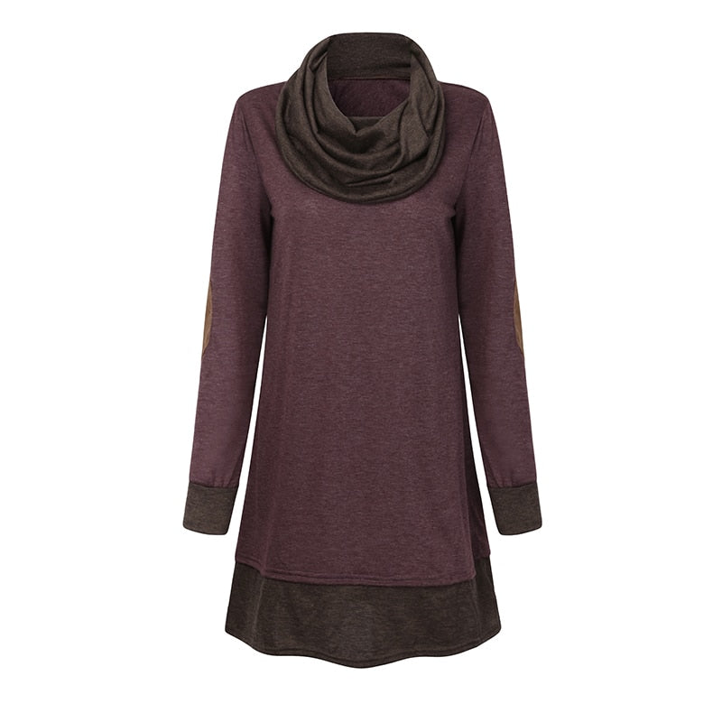 New Women Long Sleeve Patchwork Pullover Elbow Patches Cowl Neck Femme Long Tops Casual Spring Autumn Blouse Shirts Thin