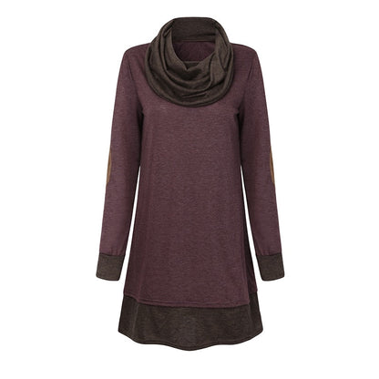 New Women Long Sleeve Patchwork Pullover Elbow Patches Cowl Neck Femme Long Tops Casual Spring Autumn Blouse Shirts Thin