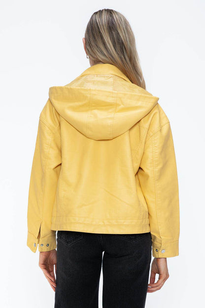 How Dare U Drawstring Hem PU Leather Zip Up Jacket for Women