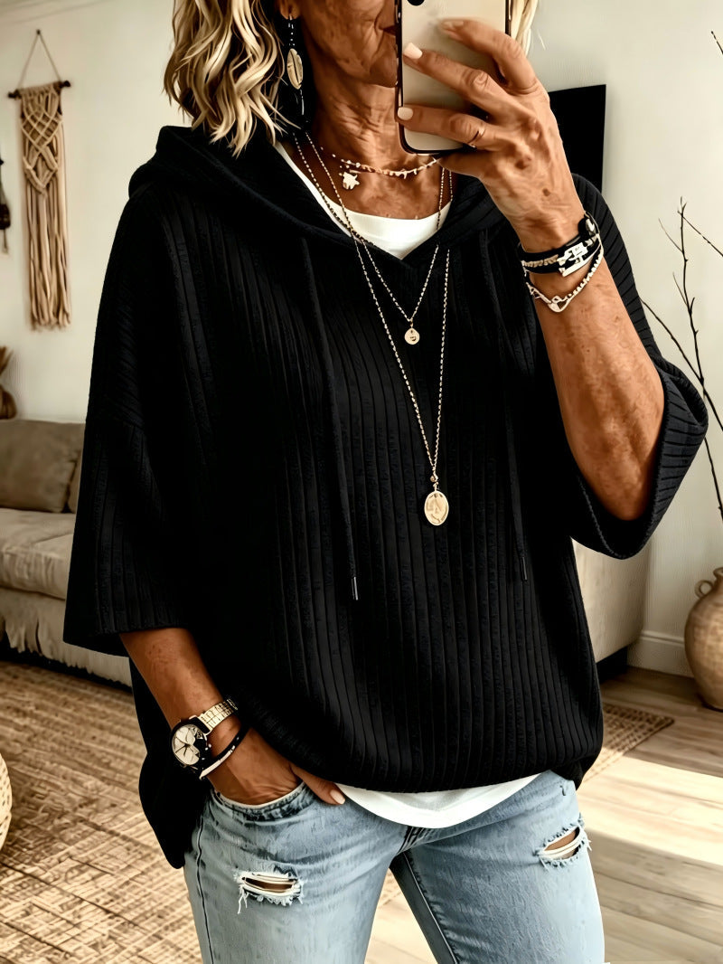 Womens Knitted New-Style Hooded Drawstring Sweatshirt