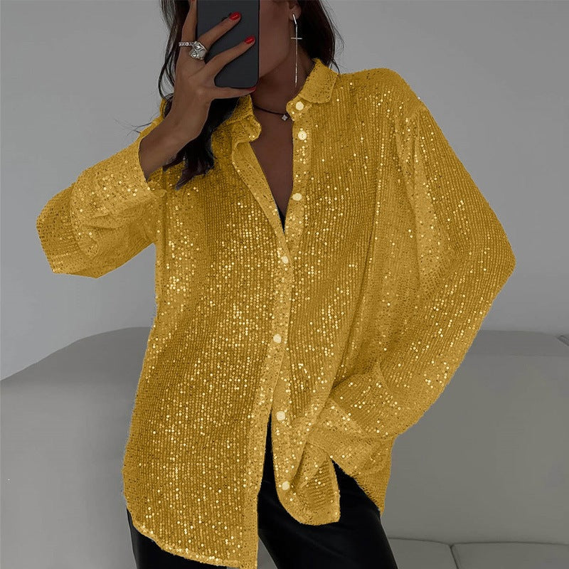 Spring Summer New European And American Sequin Top With Turn-down Collar, Long Sleeve Cardigan, Basic Cross-border Women's Shirt Jacket