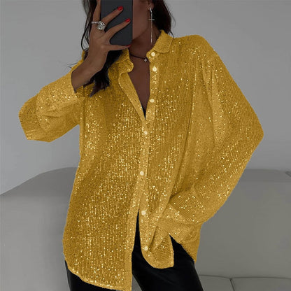 Spring Summer New European And American Sequin Top With Turn-down Collar, Long Sleeve Cardigan, Basic Cross-border Women's Shirt Jacket
