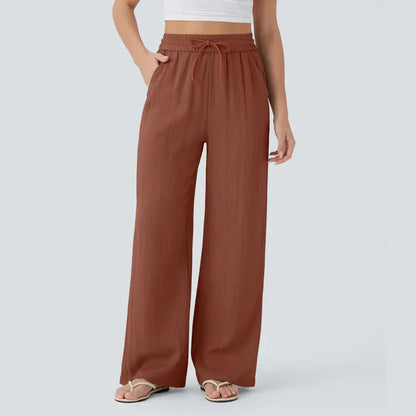 2026 High-Waisted Drawstring Side Pocket Casual Style Linen Flowy Elastic Beach Wide-Leg Pants Women's Cloud Cotton Casual Pants
