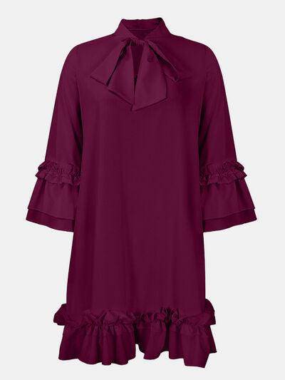 Frill Tie Neck Three-Quarter Sleeve Dress for Women