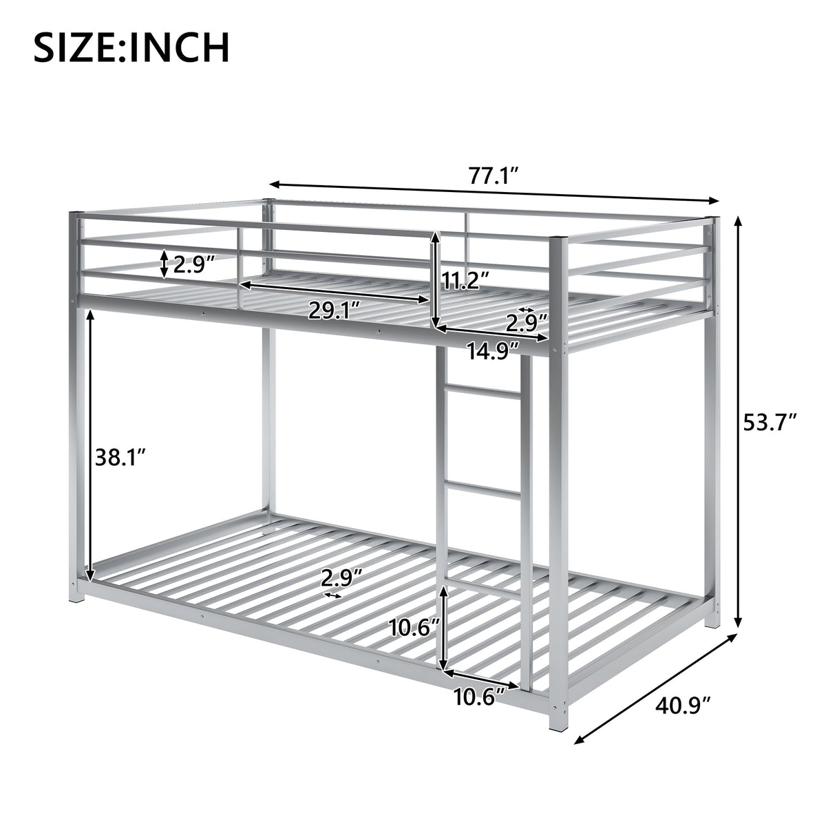 Twin over Twin Metal Bunk Bed, Low Bunk Bed with Ladder Silver