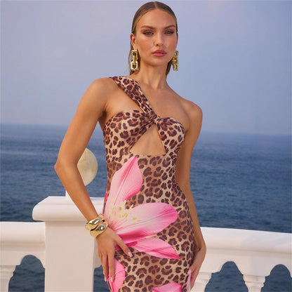Leopard Print Slim Sexy Backless Long Dress for Women