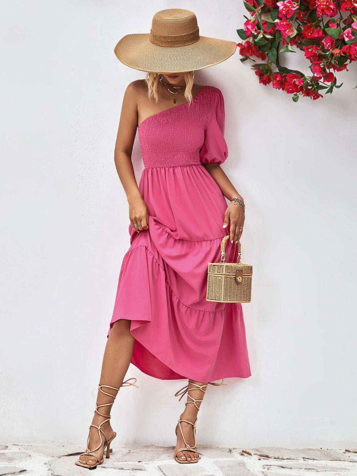 Chic Smocked One-Shoulder Midi Dress for Elegant Style