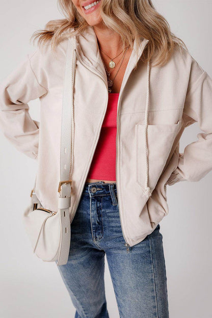 Corduroy Zip Up Long Sleeve Hooded Jacket for Women