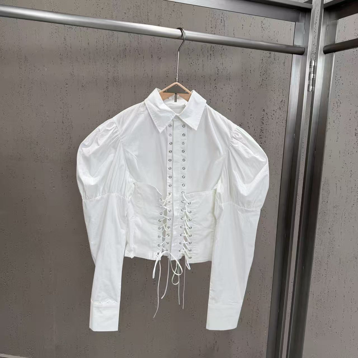 Puff Sleeve Corset Lace-Up Cropped Shirt