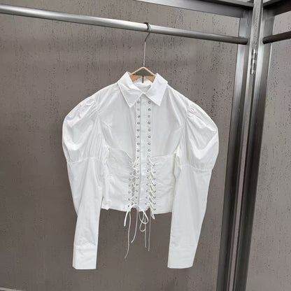 Puff Sleeve Corset Lace-Up Cropped Shirt