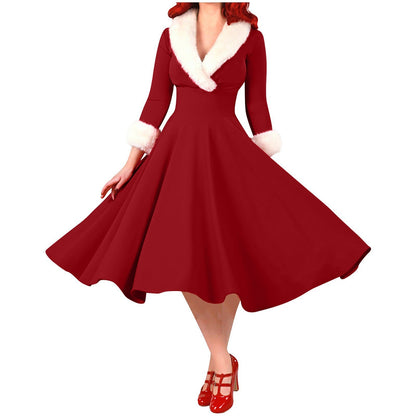 Women's Clothing Fashion Long Sleeve Fur Collar Slim Fit Dress