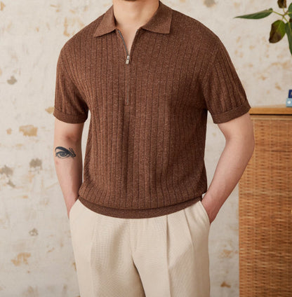 Linen Blend Lapel Zipper Sunken Stripe Short Sleeve