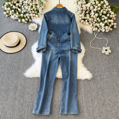 Women's Casual Long-sleeve Denim Jumpsuit