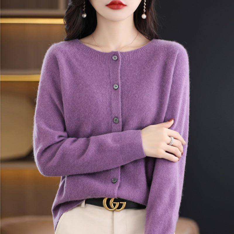 Andy Velvet Osmanthus Knit Round-Neck Cardigan