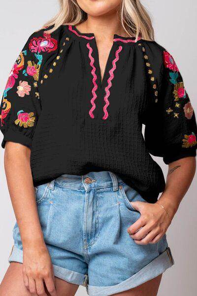 Floral Embroidered Notched Puff Sleeve Blouse for Women