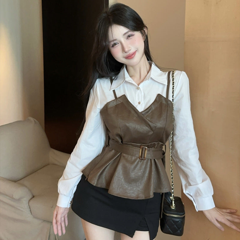 Stitching Leather Waist Trimming Spaghetti Straps Slim Fit Fake Two-piece Shirt