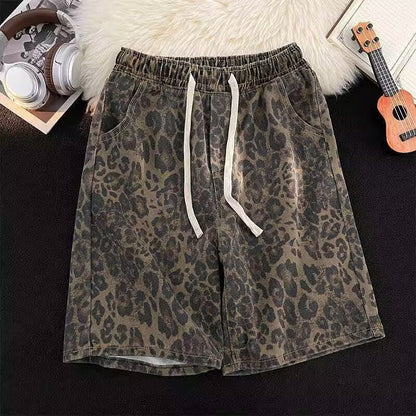 Men's Casual Leopard-print Elastic-waist Shorts