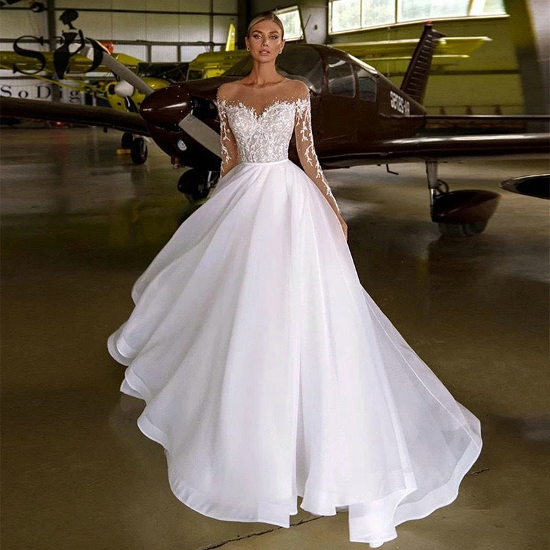 Embroidered Long Sleeve Off-the-shoulder Wedding Dress