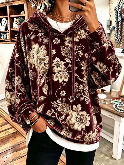 Women's Velvet Hooded Floral Sweatshirt Loose-fitting Long-sleeve Top