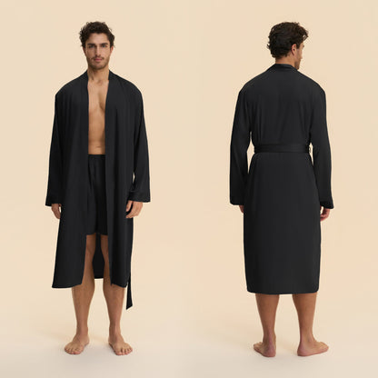 Mens Solid-Color Long Nightgown And Shorts Satin Bathrobe Loungewear Set