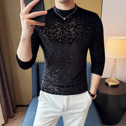Velvet Leopard Print Jacquard Half-High Collar Long-Sleeve T-Shirt