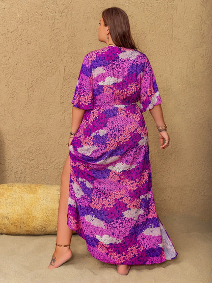 Plus Size Slit Printed Half Sleeve Maxi Dress