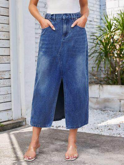 Slit Midi Denim Skirt with Pockets for Stylish Women