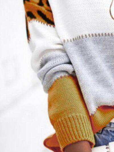 Leopard Color Block Round Neck Long Sleeve Sweater for Women