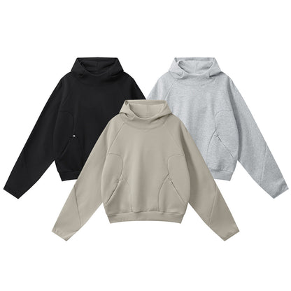 Loose-fit Curved-sleeve 3D-cut Fleece-lined High-neck Hoodie