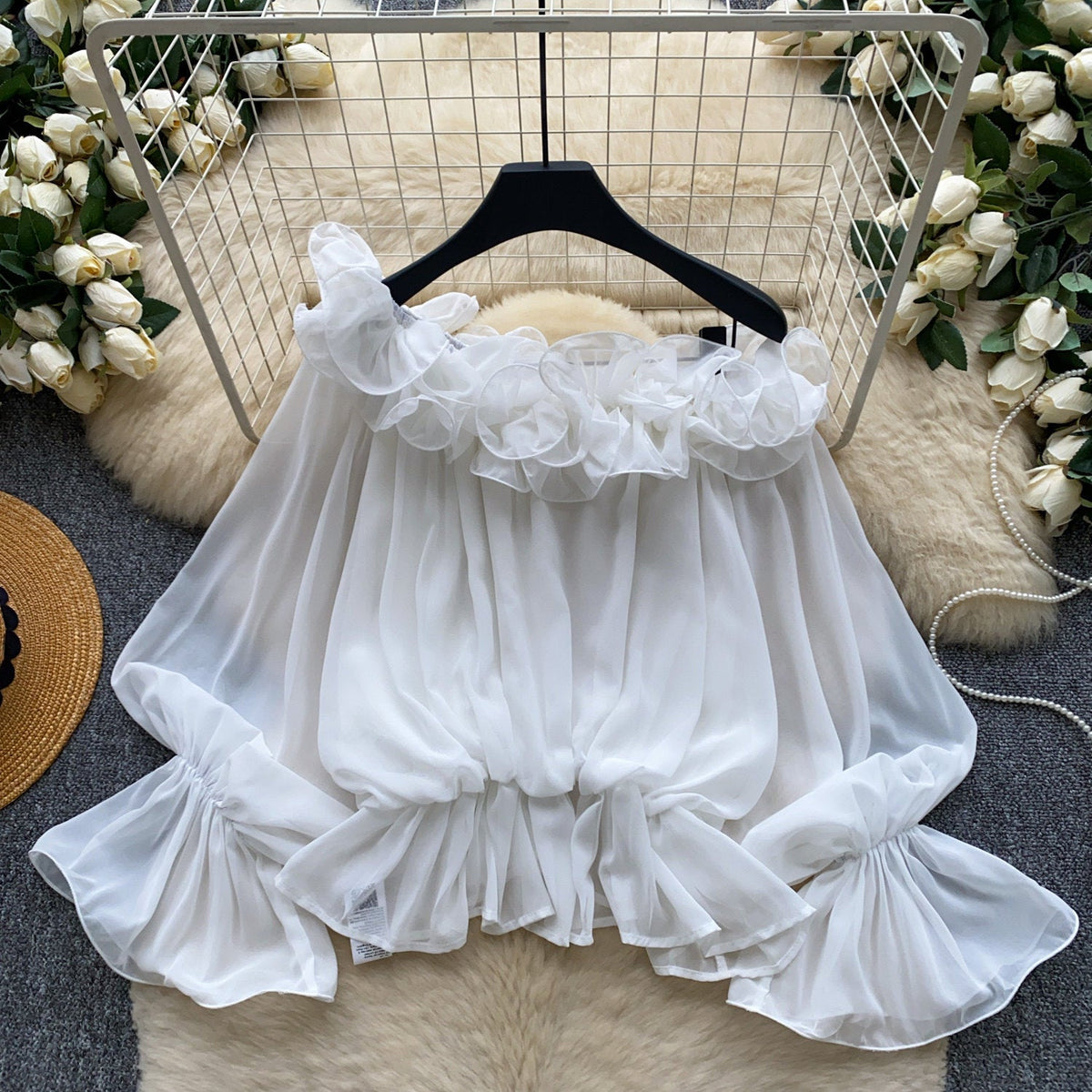 Womens Solid-color Off-shoulder Chiffon Blouse With Ruffled Trim
